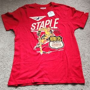 NWT Staple World Renown Pigeon Brand Red Hockey Graphic Tee, size L